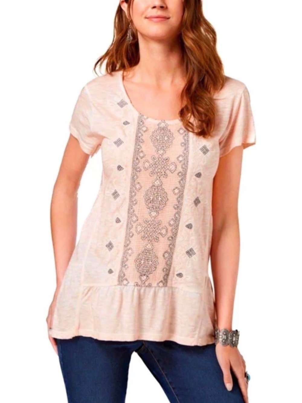 Style & Co Embellished Scoop Neck Tiered Blush Pink Top NWT Medium - Picture 3 of 3